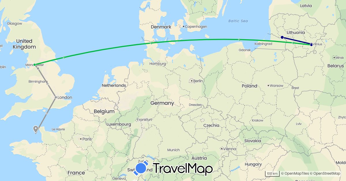 TravelMap itinerary: driving, bus, plane in United Kingdom, Jersey, Lithuania (Europe)